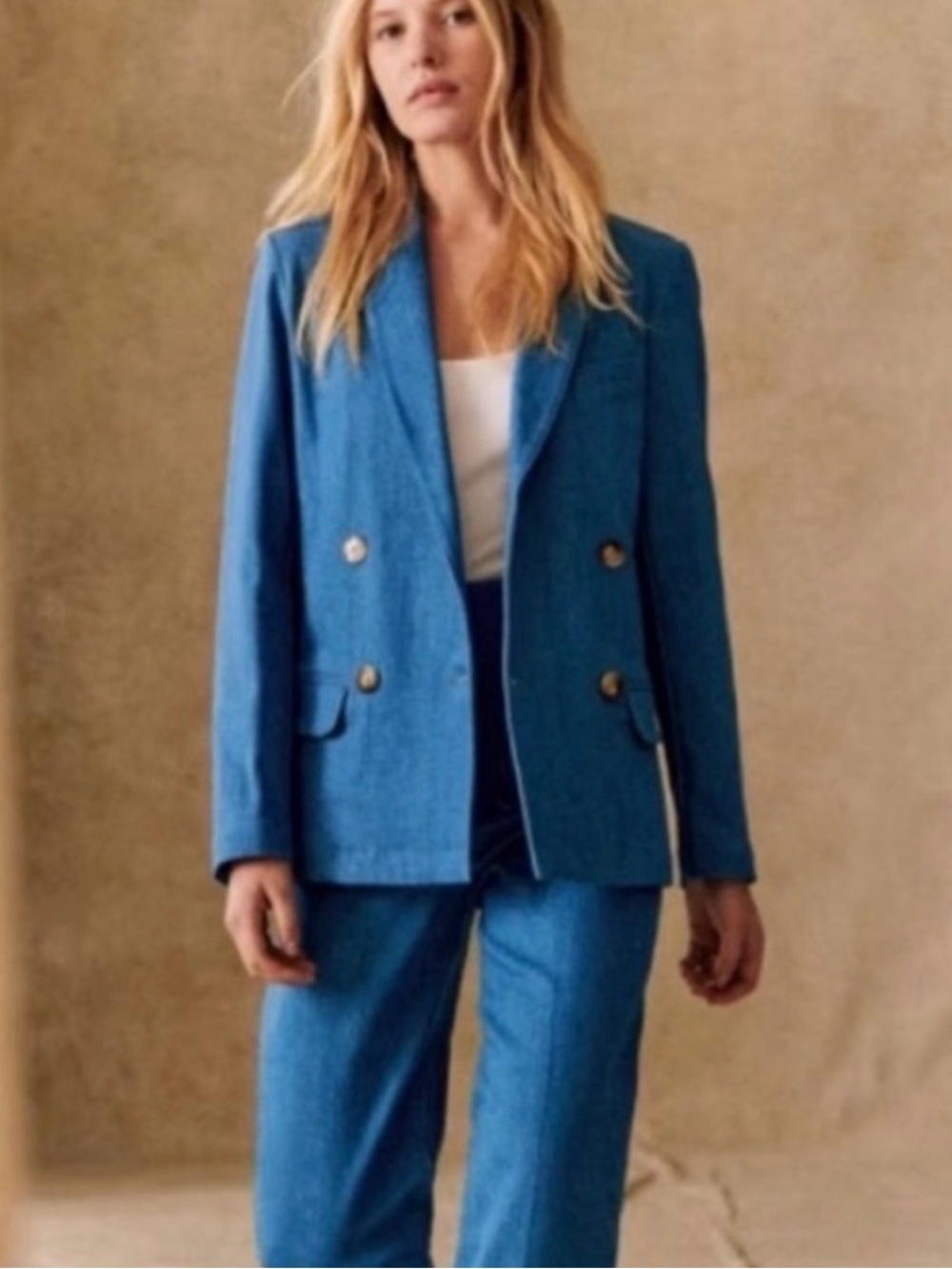 Sezane Christie Denim Blazer Baby Blue Double Breasted Jacket NWT US 4 FR 36